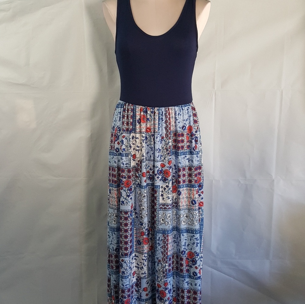 The Zig Zag Stripe Maxi Dress Blue with Detail